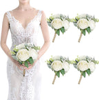 Bridesmaid Bouquets - Set of 4 Ivory White Artificial Flowers Bouquet Wedding Rustic Small Floral Centerpieces for Marriage Proposal Party Anniversary Dining Table Decorations