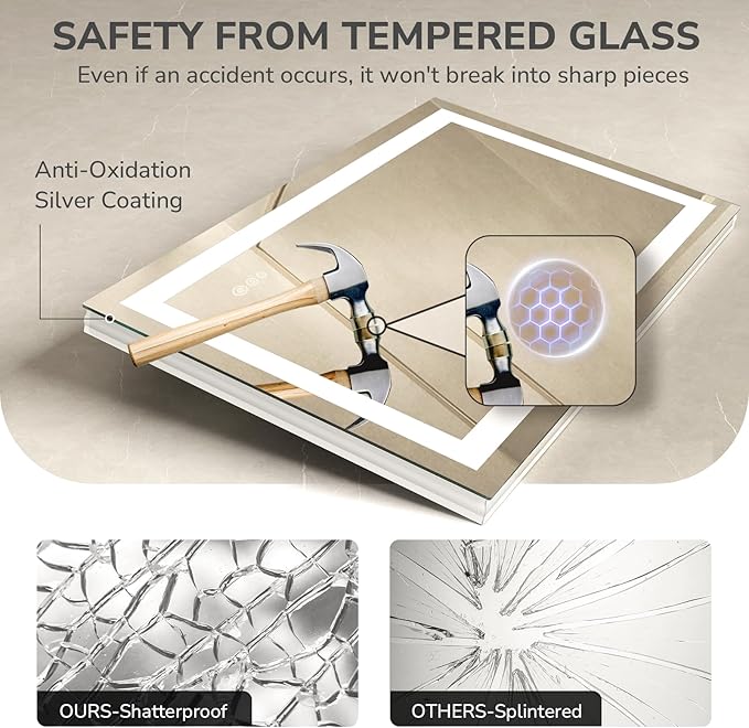 USHOWER LED Bathroom Mirror 48x36 Inch with Lights - Frameless Tempered Glass LED Backlit Lighted Mirror for Bathroom Vanity with Anti-Fog, 3 Colors Dimmable, Memory Function, Wall-Mounted
