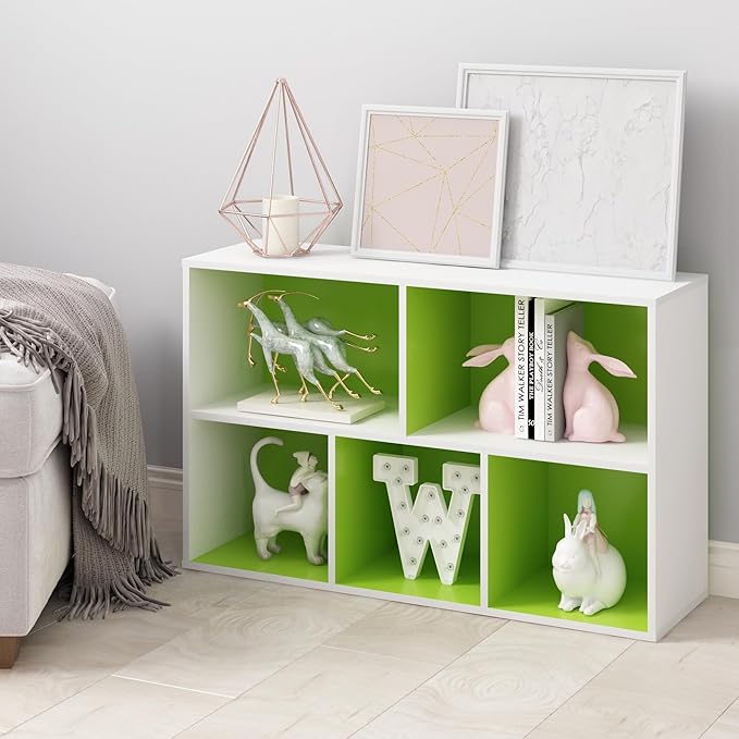 Furinno LUDER Book Shelf, 5-Cube Bookshelf, Reversible Bookcase, 9.4" x 19.5" x 31.5", for Living Room, Bedroom, Home Office, White/Green