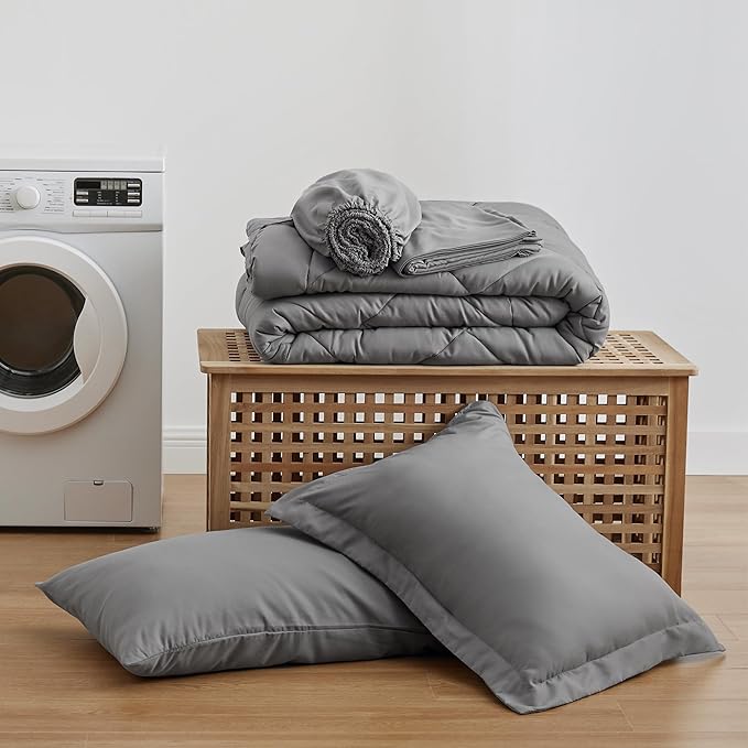 Love's cabin Twin XL Comforter Set Grey, 5 Pieces Twin XL Bed in a Bag, All Season Bedding Sets with 1 Comforter, 1 Flat Sheet, 1 Fitted Sheet, 1 Pillowcase and 1 Pillow Sham
