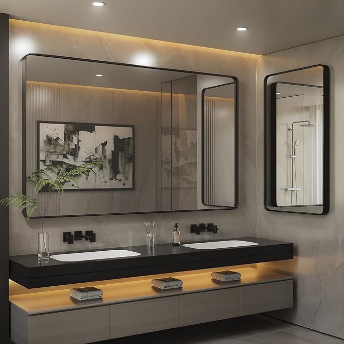 ISKM 32"x 32" Black Framed Bathroom Mirror for Wall, Bathroom Vanity Mirror Anti-Rust, Tempered Glass, Rounded Rectangle Mirror(Horizontal/Vertical)