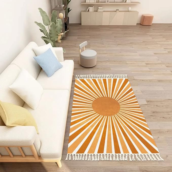 Boho Rug Scandinavian Nursery Rainbow Sun Print for Playroom with Neutral Area Carpet Non-Slip Throw Rugs Mat Pad Minimalist Home Decor for Living Room Bedroom Entryway Dining Room Office 4'x6'