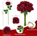 Ouddy Decor 20 Pcs Red Roses Artificial Silk Flowers Fake Roses Bouquet with Long Stems for Valentines Day Decor Wedding Home Party Table Centerpieces Bridal Bouquet DIY Floral Arrangment, Wine Red