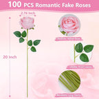 BLEUM CADE 100 Pcs Pink Roses Artificial Flowers, Real Touch Velvet Roses Fake Flowers Bulk, Artificial Roses Bouquet with Long Stems Bridal DIY Wedding Party Centerpiece Decorations