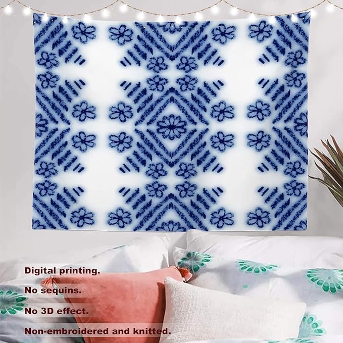 Batmerry Blue Art Flower Tapestry, Blue White Ceramic Glaze Tie Dye Wall Art Hanging Decoration Polyester Fiber White Ruffled Around for Dorm Room Bedroom Living Room, 39.1x59.1 inches