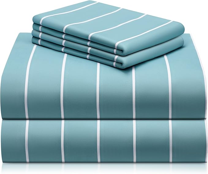 LuxClub 4 PC Queen Size Sheet Set Bed Sheets, Breathable Luxury Deep Pockets 16" Wrinkle Free Cooling Sheets Machine Washable Hotel Bedding (Queen, Striped Light Blue)