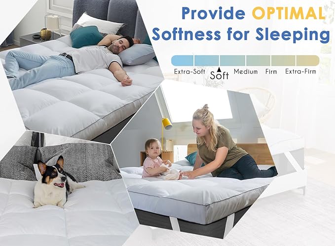 Marine Moon Mattress Topper Queen, Cooling Pillow Top Mattress Topper, Extra Thick Plush Mattress Pad Cover, Overfilled with 7D Down Alternative, Relief Back Pain, Soften Hard Mattress, 80'' x 60''