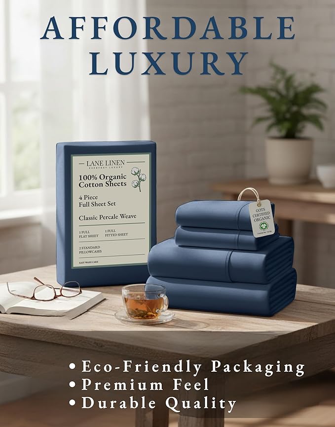 LANE LINEN Eco Friendly 100% Organic Cotton Fully Elasticized Full Sheet Set, Low Pilling Fade Resistant Machine Washable Naturally Cooling Full Bed Sheets, Soft & Comfy Cotton Bedding - Estate Blue