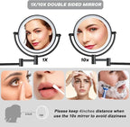 Wall Mounted Makeup Mirror with 3 Color Lights Stepless Dimming, 8" 1X/10X Magnifying LED Two Sided Touch Sensor Extendable Arm 360 Swivel Shaving Light Up Mirror Hardwired for Bathroom, Matte Black