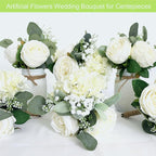 Bridesmaid Bouquets - Set of 4 Ivory White Artificial Flowers Bouquet Wedding Rustic Small Floral Centerpieces for Marriage Proposal Party Anniversary Dining Table Decorations