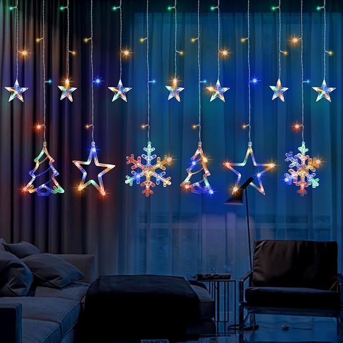 Christmas Window Lights Decorations, 138 LED Curtain Lights with 8 Lighting Modes, Xmas Tree Snowflake Star String Lights for Weddings, Parties, Room Decor(Multi-Colored)