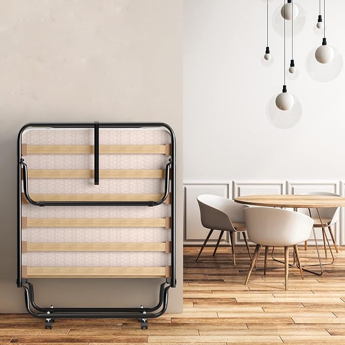 Giantex Folding Bed with Mattress for Adults, Rollaway Guest Beds w/Memory Foam Mattress & Metal Frame, Made in Italy, Cot Size Rollaway Bed, Portable Foldable Sleeper Bed for Home, Beige