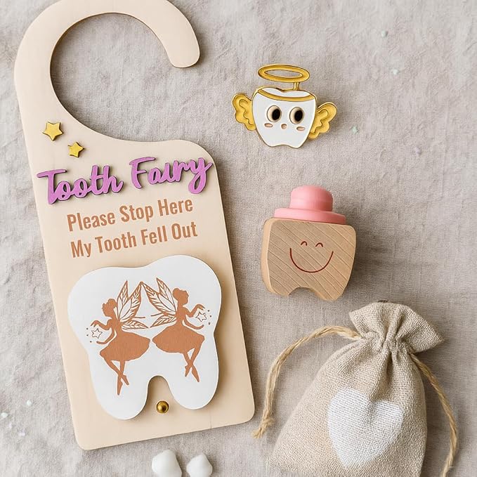 4Pcs Tooth Fairy Door Holder - Wooden Door Hanger Gift Set with Keepsake Box and Bag & Reward Badge, Gifts and Bedroom Decorations Suitable for Lost Teeth Girls and Boys