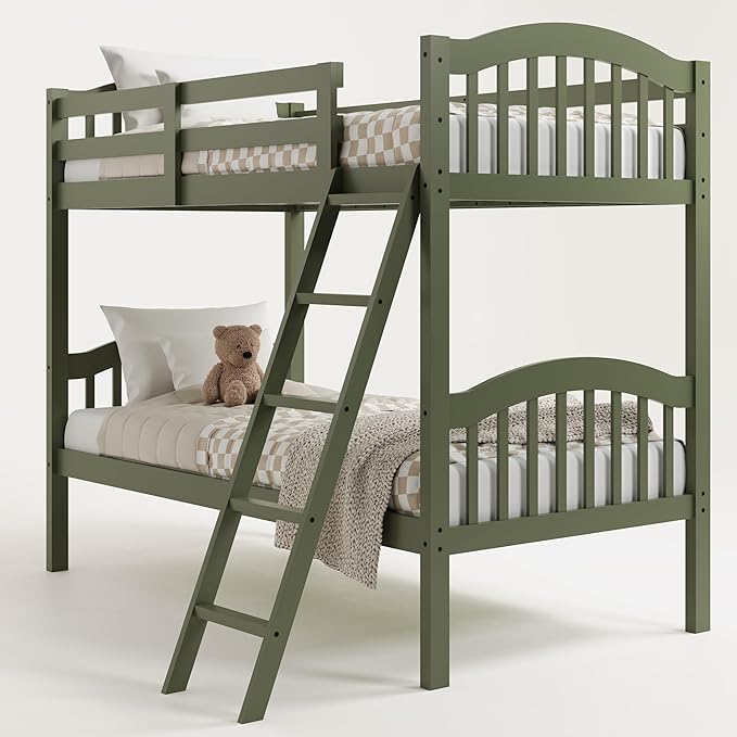 Storkcraft Long Horn Twin-Over-Twin Bunk Bed (Olive) - GREENGUARD Gold Certified, Converts to 2 Individual Twin Beds