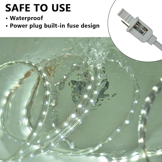 SURNIE 50ft LED Rope Lights Outdoor Waterproof, 110V Flexible Daylight White Bright Lighting Cuttable Connectable, Cool Clear Flat Strip Light 6000K for Outside Deck Patio Camping Decor, Not Tube Rope