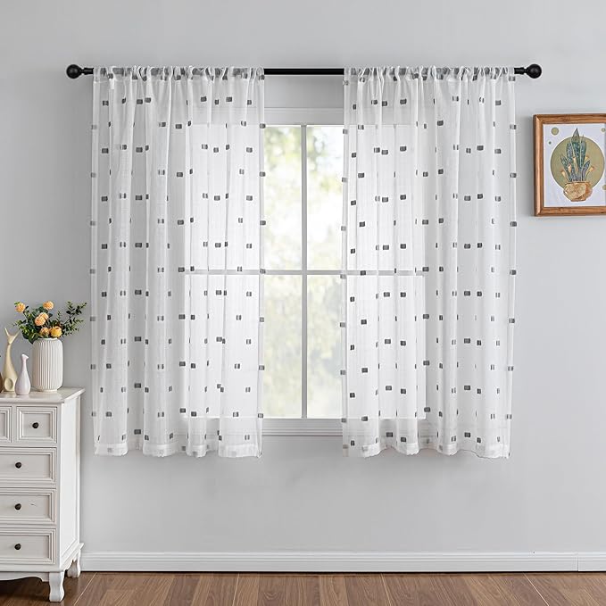 MYSKY HOME White Curtains for Bedroom 63 Inch Length Long Sheer Curtains for Kids Room Nursery Curtains with Grey Patched Design Rod Pocket Privacy Window Drapes Dining Room 52" x 63" 2 Panels