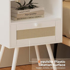 SUPERJARE Nightstand with Charging Station & Rattan-Like Decor Drawer, Rattan End Table with Solid Wood Feet, Bed Side Table with Open Storage, for Bedroom, Living Room, Dormitory - White
