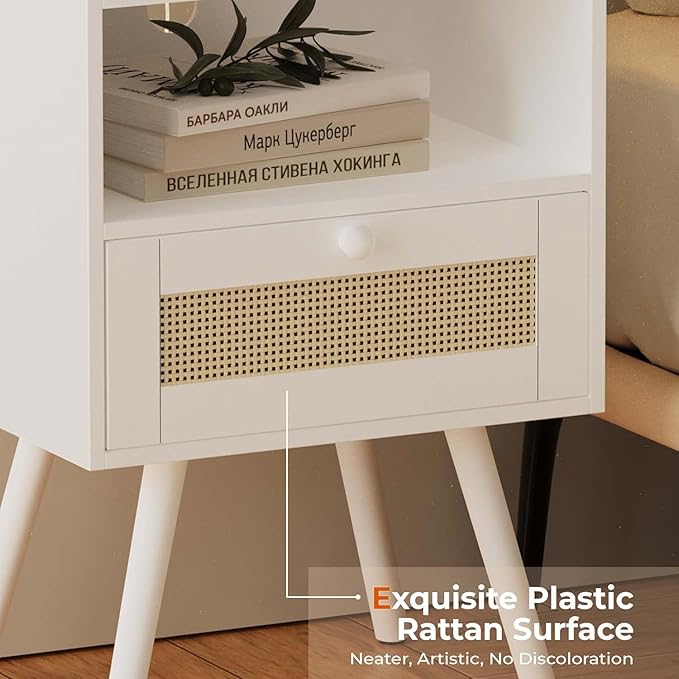 SUPERJARE Nightstand with Charging Station & Rattan-Like Decor Drawer, Rattan End Table with Solid Wood Feet, Bed Side Table with Open Storage, for Bedroom, Living Room, Dormitory - White