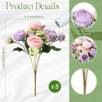 Geosar 8 Bundles Artificial Peonies Flowers Fake Silk Peony Bouquet Faux Peonies Flowers Bulk for Decoration Vase Floral Arrangements Wedding Party Table (Gray Purple,Light Purple)
