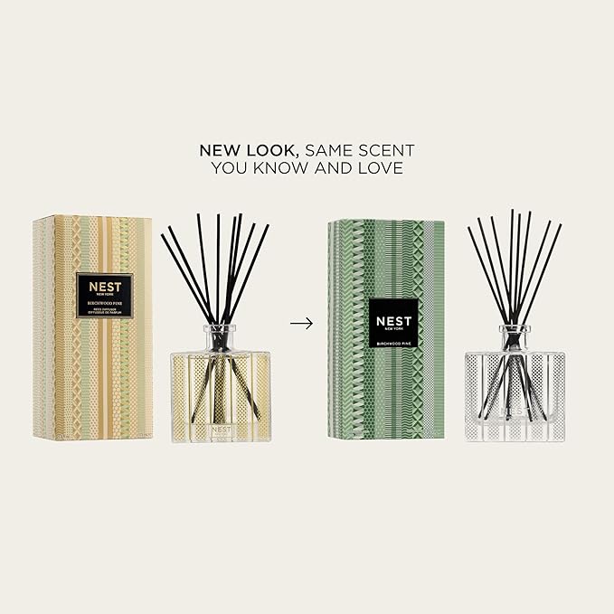NEST New York Reed Diffuser, Birchwood Pine - 5.9 fl oz - Fragrance for Up to 90 Days - Reusable, Refillable Glass Holder - Includes 8 All-Natural Reed Sticks - Flame Free