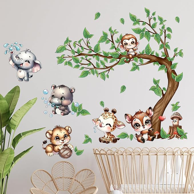 Jungle Animal Wall Stickers Forest Safari Wall Decals Kid Room Nursery Baby Bedroom Décor (Happy Animal Bending Tree)
