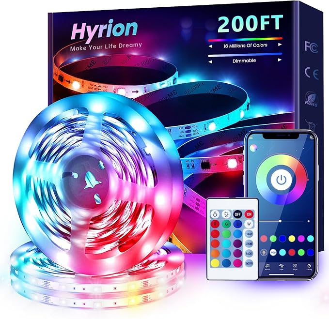 hyrion 200ft Led Strip Lights(3 roll of 65.6ft) Music Sync Color Changing RGB led Strip Light with Remote,Bluetooth Smart APP Control, Tape Lighting for Bedroom Home Party Décor