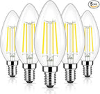 Brightever E12 Candelabra LED Light Bulbs 60 Watt Equivalent, 620 Lumen 6W C32 B11 Clear LED Filament Candle Bulbs, Dimmable Daylight White 5000K Chandelier Light Bulbs for Ceiling Fan, Pack of 5