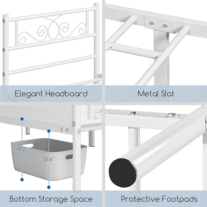Yaheetech Twin Bed Frames Metal Platform Bed with Headboard and Footboard No Box Spring Needed Easy Assembly,Under-Bed Space: 12.6''/White/Twin Bed