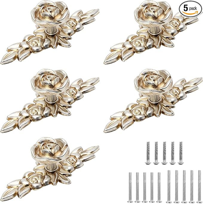 Uenhoy 5 Pcs Rose Cabinet Knobs with Backplate, Vintage Floral Drawer Knob Pulls, Zinc Alloy Rose Flower Drawer Pull Handles for Cabinets and Dresser - 4 Inch, Antique Silver