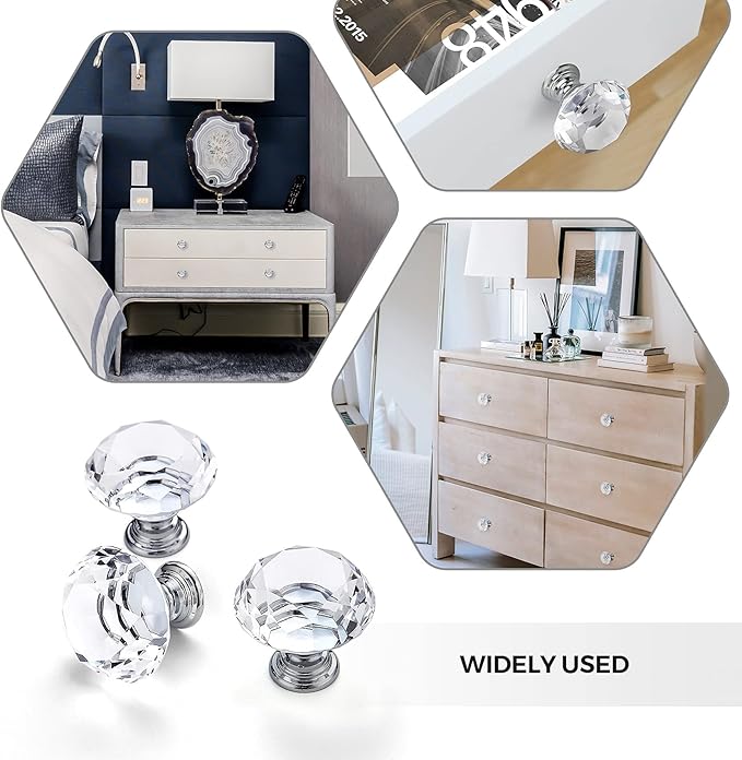 Ravinte 3 Pack Crystal Drawer Knobs - Glass Cabinet Knobs, Diamond Shaped - 30 mm with Silver Base