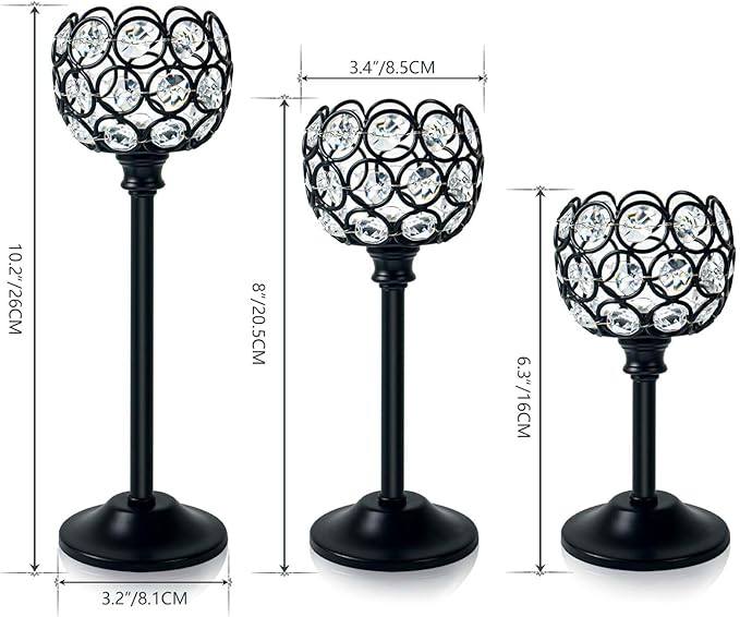 Crystal Metal Tealight Candlestick, Bling Bowl Candelabras, Tall Crystal Votive Candle Holders Elegant Crystal Candle Centerpiece for Dining Table Wedding Decor (Set of 3, Balck)