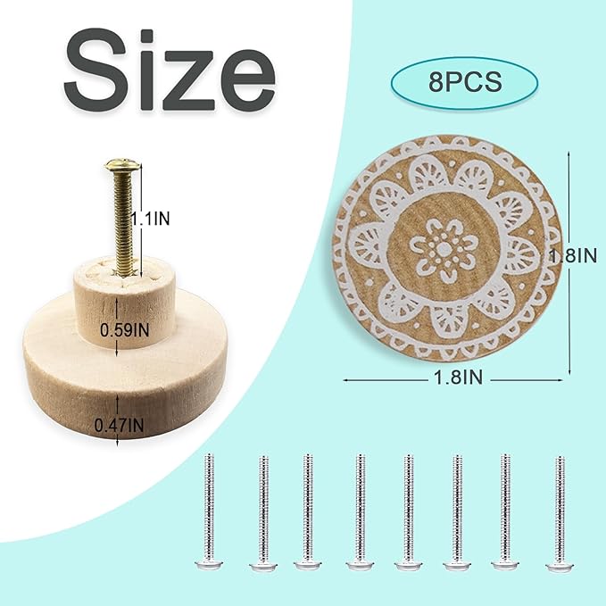 8Pack 1.8" Wooden Boho Nursery Kids Dresser Drawer Pulls Cute Cabinet Furniture Decorative Knobs