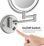 KIBI Circular Wall Mount Makeup Mirror with LED Lights, Dual-Sided 1x/5x Magnifying Mirror with Adjustable Arm, 360° Swivel, Solid Brass Construction for Durability and Style (Brushed Nickel, KMM101)