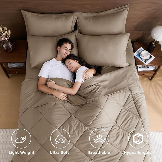 HEVUMYI Khaki Twin-XL Comforter Set - 5-Piece All Season Bed in a Bag Twin-XL, Ultra Soft Bedding Set with Comforter, Flat Sheet, Fitted Sheet, Pillowcases, Pillow Shams