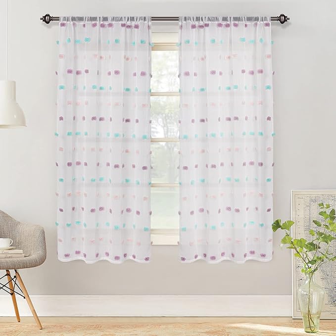 MYSKY HOME Rainbow Pom Pom Curtains for Bedroom, Living Room & Nursery - Set of 2, 63 Inch Length, Sheer, Rod Pocket, Farmhouse Style, 52 x 63 inch