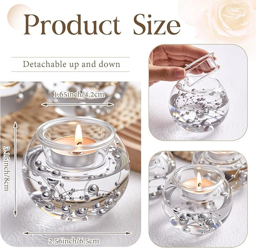8 Pcs Glass Clear Votive Floating Candle Holders with 8 Pcs Bright Pearl String Beads, Tealight Bowl Candle Holder Bulk for Wedding Centerpiece Home Bridal Shower Party Decor (Silver)