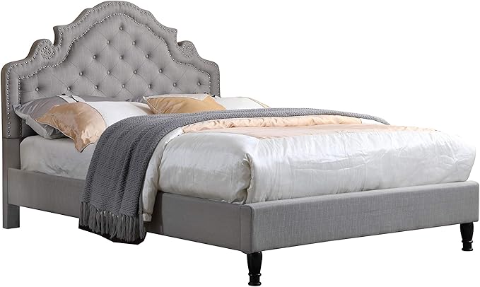 HomeLife Premiere Classics 51" Tall Platform Bed with Cloth Headboard and Slats - Queen (Light Grey Silver)