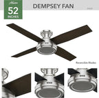 Hunter Fan Company 59247 Dempsey 52 inch Ceiling Fan with Light and Remote, Low Profile Indoor, Brushed Nickel Finish