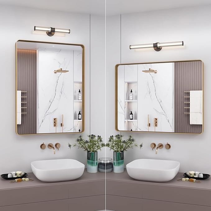 24x30 Gold Bathroom Mirror, Rounded Rectangle Gold Frame Mirror, Brushed Gold Brass Bathroom Vanity Mirror Wall-Mounted, Anti-Rust, Hangs Horizontally or Vertically