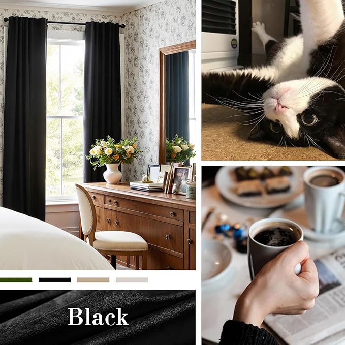 Lazzzy Velvet Blackout Curtains Thermal Insulated Room Window Drapes Super Soft Luxury Curtains for Living Room Bedroom Rod Pocket 2 Panels, Black, 52" W x 72" L