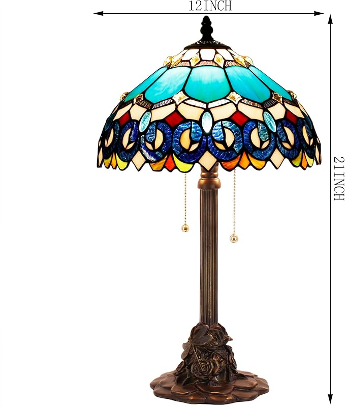 Tiffany Stained Glass Table Lamp 12X12X21Inch Resin Base Desk Bedroom Living Room Reading Light (Blue Jewelry Baroque)