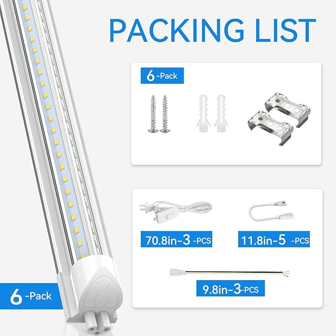CNSUNWAY LED Shop Lights 2FT, (6 Pack) 20W High-Efficiency Under Cabinet Lighting (6500K Cool White), V-Shaped Linkable T8 Tube Light Fixtures – Shop Light for Workbench, Kitchen, Workshop, ETL Listed