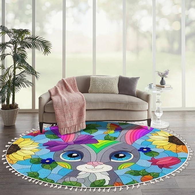 Round Rugs Stained Glass a Portrait a Cute Cartoon Rabbit a Flowers Rectangular Boho Area Rug Linen and Cotton Carpet Meditation Rug Washable Hallway Runner Mat Accent Rug for Bedroom Bathroom 6ft