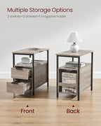 VASAGLE Side End Table with Charging Station, Slim Nightstand with 2 Drawers, Narrow Bedside Table for Living Room, Small Spaces, Heather Greige and Ink Black ULET321B02