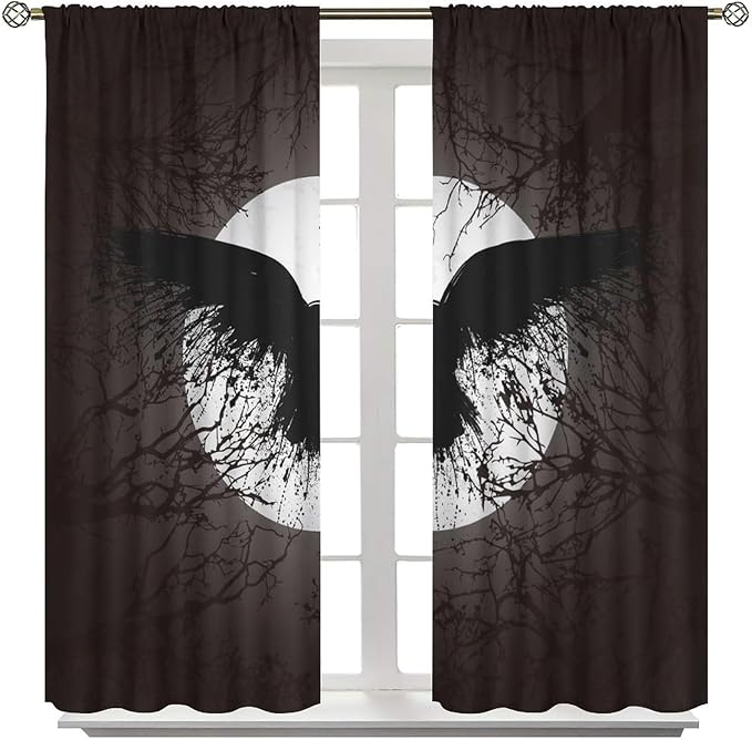 Cool Raven Print Curtains - Vintage Nordic Viking Theme Dead Tree Crow Full Moon Thermal Insulated Blackout Curtains - Rod Pocket Window Treatment Drapes for Bedroom 2 Panels 63L x 31.5W