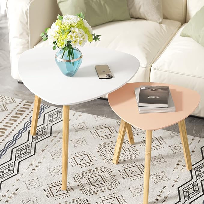 BAMEOS Bamboo Nesting Triangle End Table,Set of 2 Coffee Table Modern Minimalist Side Table for Living Room (White & Pink)
