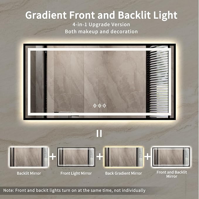 Bathroom Mirrors with Lights, 55x28 Inch Black Framed Gradient Front and Backlit LED Vanity Mirror, 3 Colors Dimmable CRI>90, IP54 Enhanced Anti-Fog Smart Mirror