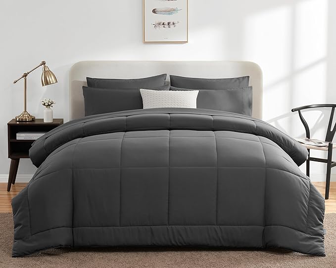 CozyLux California King Comforter Sets Dark Grey, 7 Pieces Cal King Bed in a Bag, All Season Bedding Sets with Stitch Quilted Comforter, Flat Sheet, Fitted Sheet, Pillowcases