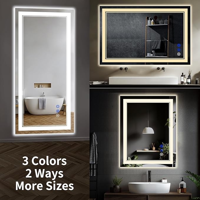 38"x26" LED Bathroom Mirror with Anti-Fog, Stepless Dimmable Lights, 3 Color Modes, Shatter-Proof Tempered Glass, Memory Function & Waterproof Design