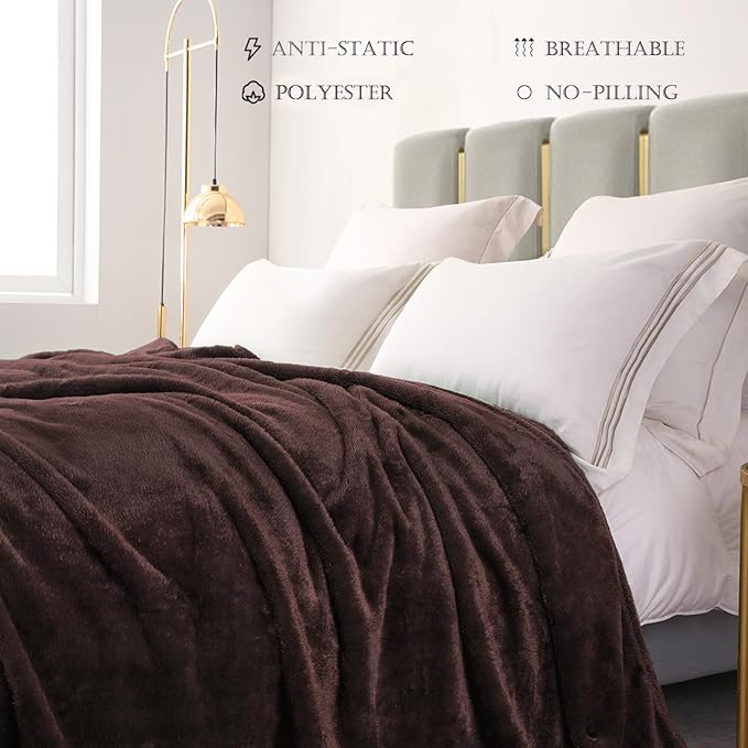 Exclusivo Mezcla Plush Fuzzy Fleece Bed Blanket King Size, Super Soft, Fluffy and Warm Blankets, Suitable for All Seasons (Coffee, 90x104 Inches)
